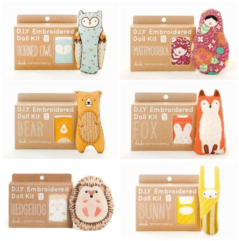 CUTE ANIMAL DIY EMBROIDERY KITS FROM KIRIKI PRESS                                                                                                                                                                                 More Diy Kits Packaging, Diy Doll Kit, Eco Friendly Packaging Design, Kids Packaging, Toy Packaging, Diy Embroidery Kit, Craft Packaging, Toy Art, Sewing Toys