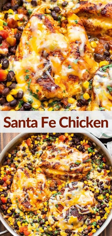 Santa Fe chicken is an easy skillet dinner that's full of southwest flavors! Seasoned pan seared chicken is nestled in black beans, corn, green chiles, and Ro-tel tomatoes then topped with melted cheese. Ready to eat in 30 minutes! #santafechicken #chickenrecipes #chickendinner #chickenbreasts #Mexicanfood #healthyrecipes #healthydinner #texmex Santa Fe Chicken, Easy Skillet Dinner, Black Beans Corn, Seared Chicken, Chicken Skillet Recipes, Pan Seared Chicken, Seasoned Chicken, Easy Skillet, Green Chiles