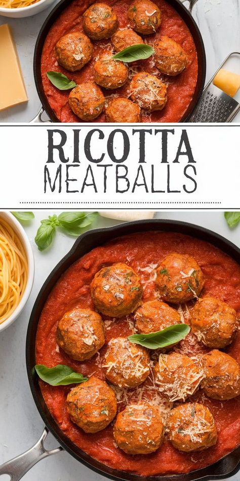 Easy Ricotta Meatballs – Adding ricotta makes these meatballs incredibly tender and flavorful. A simple recipe that’s perfect for pasta night or as a tasty appetizer! Meatballs Made With Ricotta Cheese, Pork And Ricotta Meatballs, Ricotta Stuffed Meatballs, Skinnytaste Meatballs, Ricotta Meatball Recipes, Meatball Risotto, Meatballs With Ricotta Cheese, Italian Meatball Recipes, Meatballs Swedish