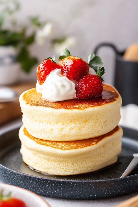 These Fluffy Japanese Soufflé Pancakes are a breakfast dream come true! 🥞 Soft, jiggly, and melt-in-your-mouth delicious, they’re perfect for brunch or a sweet treat. Follow our step-by-step guide to master these ultra-light, airy pancakes that will impress everyone at the table! 🌸✨  #SoufflePancakes #FluffyPancakes #JapaneseRecipes #BrunchIdeas #BreakfastGoals #FoodLover #PancakeRecipe #CookingTips #JigglyPancakes #BrunchInspo Korean Souffle Pancake, Japanese Souflee Pancakes Recipe, Japanese Inspired Recipes, Japanese Brunch Ideas, Suffle Recipe Pancakes, Yummy Japanese Food, Souffle Pancakes Aesthetic, Japanese Breakfast Aesthetic, Japanese Pancakes Fluffy Recipe