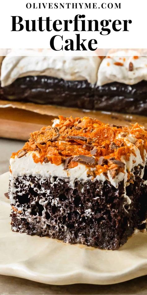 Butterfinger Cake Recipe Butterfinger Poke Cake Recipes, Easy Butterfinger Cake, Butter Finger Cake, Best Poke Cake Recipes, Butterfinger Poke Cake, Banana Poke Cake, Easy Poke Cake, Butterfinger Cake Recipe, Butterfinger Pie