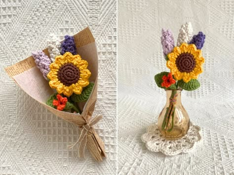 Crochet Flowers Sunflower, Crochet Small Flower Bouquet, Mini Flower Bouquet Crochet, Mini Crochet Flower Bouquet, Mini Bouquet Crochet, Crochet Mini Sunflower, Crochet Mini Bouquet, Sunflower Crochet Bouquet, Blue Star Flower