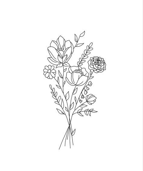 Line Work Bouquet Tattoo, Floral Silhouette Tattoo, Flower Boquettes Drawings, Simple Flower Bouquet Tattoo, Flower Line Drawing Tattoo, Flower Bouquet Outline, Flower Bunch Tattoo, Wattle Tattoo, Floral Bouquet Drawing