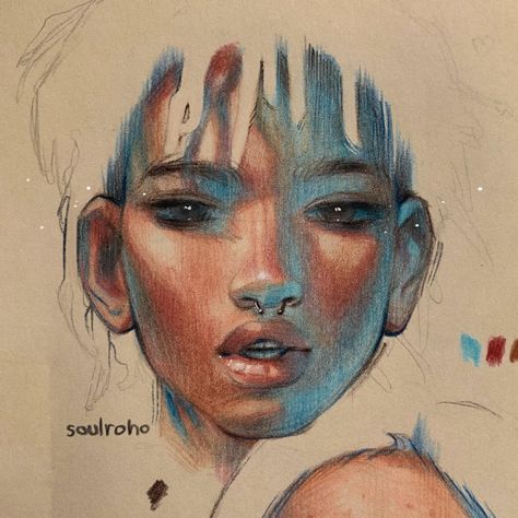 Practice Aesthetic, Doodle Practice, Aesthetic Sketchbook, Colored Pencil Portrait, Color Pencil Illustration, Skin Drawing, Arte Sketchbook, Realism Art, Color Pencil Art