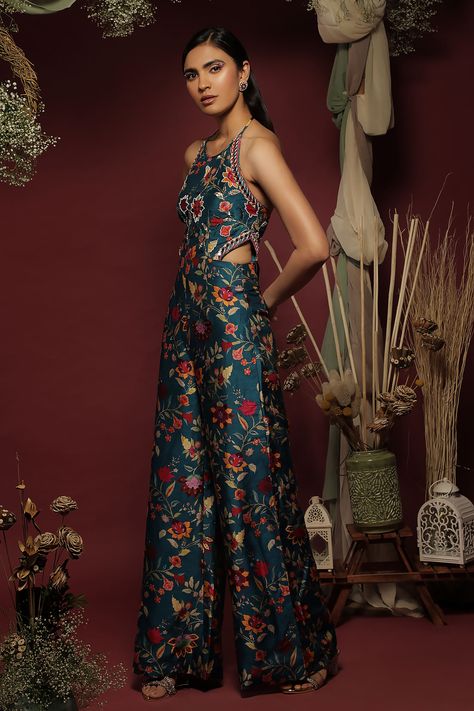 Shop for these amazing collections of Blue Silk Floral Round Pattern Jumpsuit For Women by Label Ne'chi online at Aza Fashions. Indian Fabric Dress, Sleeveless Jumpsuits For Women, Floral Indo Western Outfits, Desi Jumpsuit, Indian Jumpsuit Outfit, Indian Clothes Modern, Saree Jumpsuit, Modern Indian Dress, Pola Jumpsuit