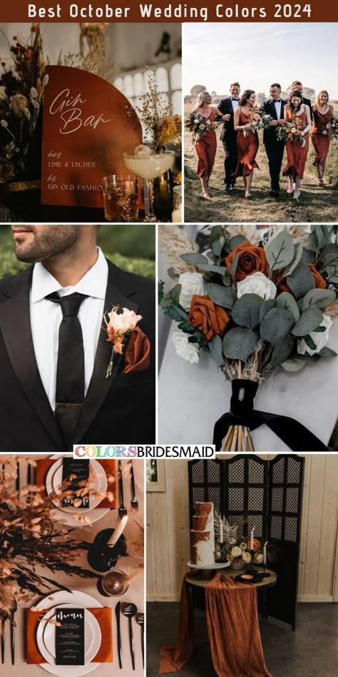 Wedding Bouquets With Black, Rust Wedding Bouquets, White And Rust Wedding, Rust Wedding Cake, Black Groom And Groomsmen, Bridesmaid Dresses Rust, Copper Wedding Theme, Rust Bridesmaid Dresses, Brown Wedding Themes