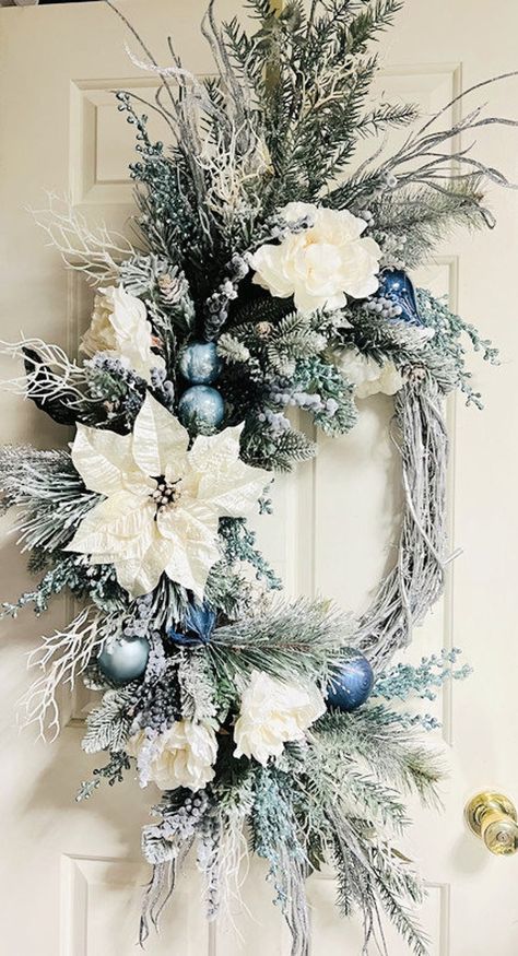 Sold-custom Order XXL Elegant White Peony Blue Glass Ornament Cascade Wreath White Silk Poinsettia Flocked Evergreen Double Door Wreath - Etsy Blue And Silver Wreaths, Classy Xmas Decor, Christmas Wreath Blue, White Christmas Wreath Ideas, Blue Christmas Decorations, Blue Christmas Wreath, Double Door Wreath, Peony Blue, Elegant Christmas Wreath