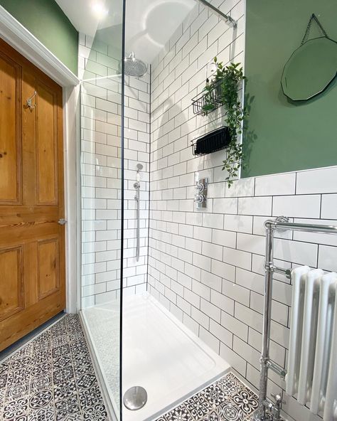 Grey Grout Bathroom, White Tiles Grey Grout, Back Too School, White Tile Bathroom Walls, Bathroom Wall Colors, Dark Green Bathrooms, Brick Living Room, Playing Cricket, White Tile Shower