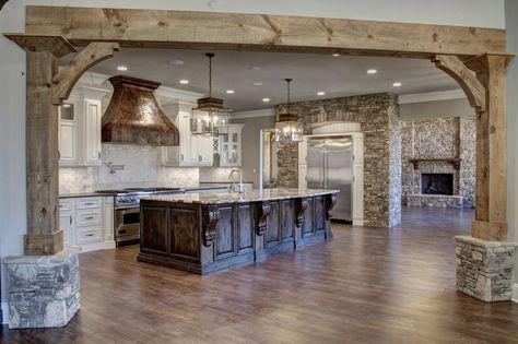 My favorite view #kitchen #lodgeroom #dreamhome #allgoodacres #tranquillity #garrellassociates Large Rustic Pendant Lighting, Rock Kitchen Ideas, Rock Inside House, Rustic Elegance Home, Big Farmhouse Kitchen, Beam Ideas, Light Cabinets, Soft Kitchen, Separate Kitchen