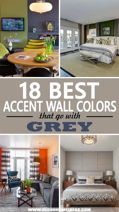 Gray Walls Accent Color, Dark Room Light Accent Wall, Agreeable Grey With Accent Wall, Bedroom Color Ideas With Accent Wall, White Walls With Grey Accent Wall, Colors That Pop With Grey, Pop Of Color Wall Paint, Accent Color For Light Gray Walls, Gray Wall Accent Colors