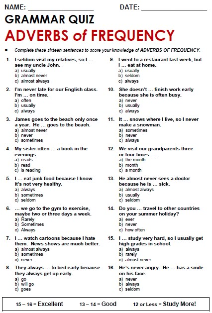 Quality ESL grammar worksheets, quizzes and games - from A to Z - for teachers & learners ADVERBS  of FREQUENCY Past Simple Grammar, English Grammar Quiz, English Grammar Test, Esl Grammar, English Grammar Exercises, English Quiz, Grammar Quiz, English Teaching Materials, Grammar Exercises