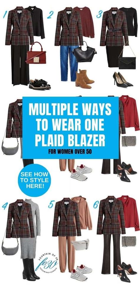 Here is how to wear a plaid blazer for women over 50 with options to style it 6 very different ways. Wear it for work, cocktails or casual. #style #fashion #plaid #over 50 Plaid Jackets For Women Casual Outfits, Brown Plaid Blazer Outfit Casual, Fitted Plaid Blazer For Business Casual, Winter Plaid Blazer For Office Wear, Classic Plaid Blazer For Business Casual, Classic Plaid Blazer For Winter, Women’s Plaid Blazer Outfit, Brown Plaid Blazer Outfit, Plaid Blazer Outfit Women