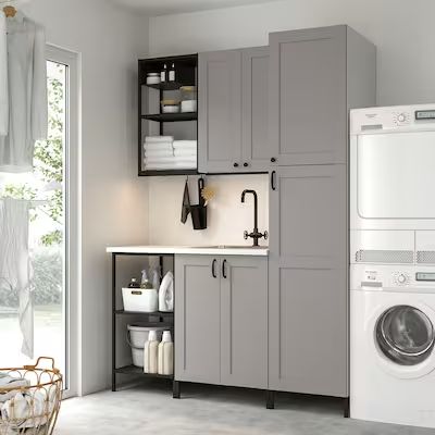 laundry room - Search - IKEA Enhet Laundry Room, Gray Laundry Cabinets, Ikea Enhet Laundry Room, Loundry Small Room Ikea, Laundry Organization Small Space, Laundry Stacked Washer Dryer, Ikea Pax Laundry Room, Ikea Laundry Room Hack, Laundry Room Cabinets Modern