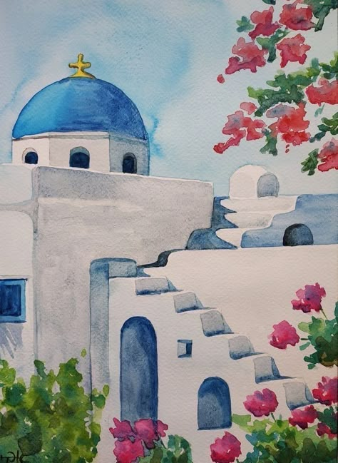 Santorini Painting, Greece Drawing, Watercolor Painting Easy, Greece Painting, Cool Pencil Drawings, Cityscape Art, 수채화 그림, Painting Art Projects, Diy Canvas Art