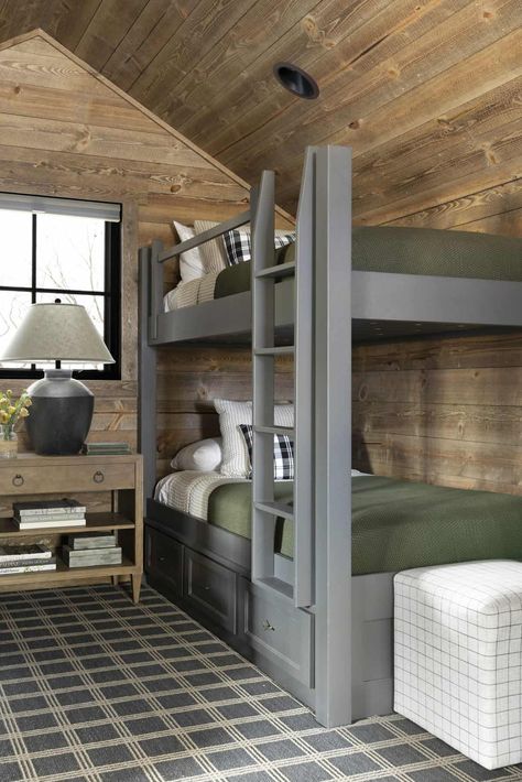 Take a peek inside this rustic yet refined lakeside home in Wisconsin Cabin Bunk Room, Grey Bunk Beds, Grid Rug, Bria Hammel Interiors, Bria Hammel, Custom Bunk Beds, Bunk Rooms, Rustic Luxe, Ski House