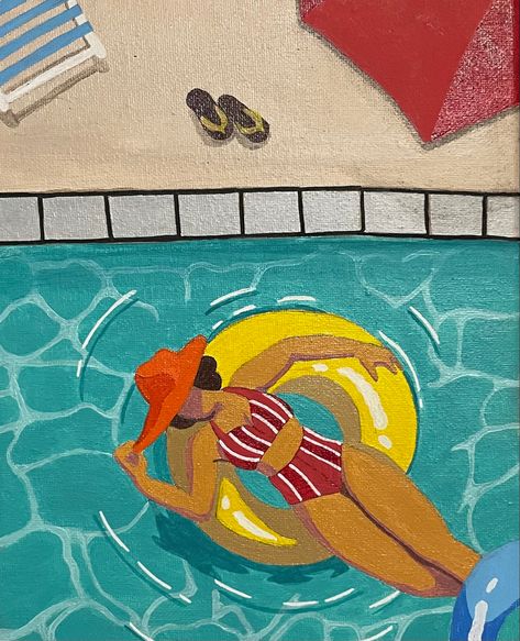 Summer pool painting How To Paint A Pool, Summer Vibe Drawings, Summer Simple Paintings, Summertime Paintings, Summer Vibes Painting, Simple Summer Paintings, Pool Drawing Simple, Simple Summer Drawings, Pool Sketch