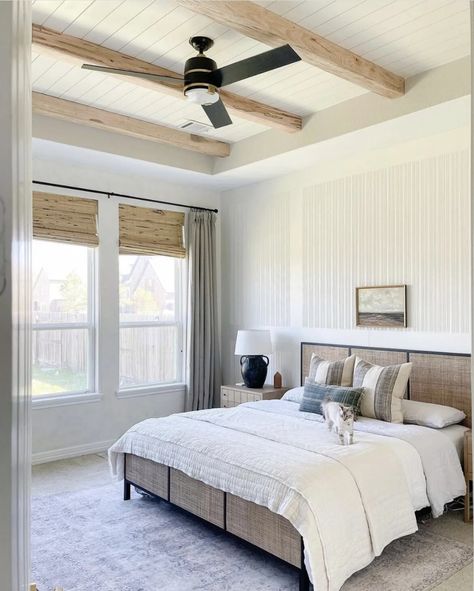 Double Raised Panel Wall, Light Wood Beams, Tray Ceiling Bedroom, Faux Ceiling Beams, Shiplap Ceiling, White Beams, Faux Wood Beams, Faux Beams, Primary Bathroom