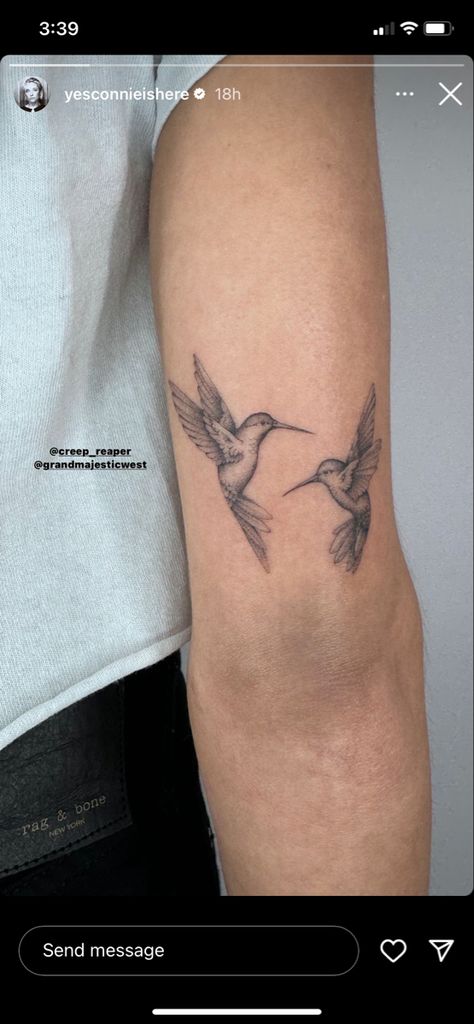 Bird Tattoo Symbolism, Two Hummingbird Tattoo With Flowers, Mocking Jay Tattoos, Bird Tattoo Back Of Arm, Humming Bird Tattoo Forearm, Hummingbird Tattoo Shoulder, Hummingbird Tattoo Placement, Two Cardinals Tattoo, Two Bird Tattoo