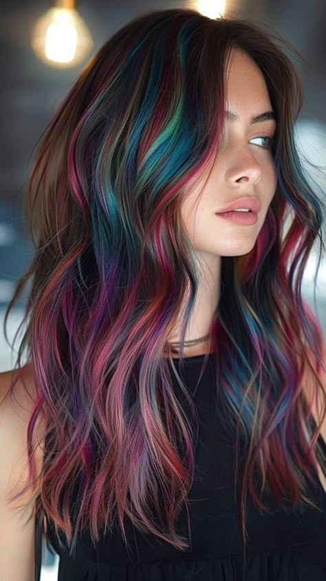 30 Game-Changing Hair Color Trends You Need to Know Subtle Rainbow Hair Brunette, Brunette Fashion Color Hair, Brown Hair With Fun Highlights, Hair Color At The End Of Hair, Cool Hair Colors For Women, Colored Roots With Brown Hair, Colorful Hair Underneath, Rainbow Peekaboo Hair Black, Balayage Hair Fun Colors