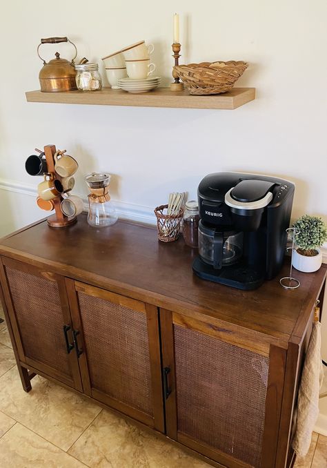 Buffet Cabinet With Floating Shelves, Buffet Table Coffee Station, Dark Wood Coffee Bar, Tall Bar Cabinet Styling, Vintage Buffet Coffee Bar, Kitchen Buffet Coffee Bar, Entry Table Coffee Bar, Coffee And Bar Cart Ideas, Coffee Bar On Desk