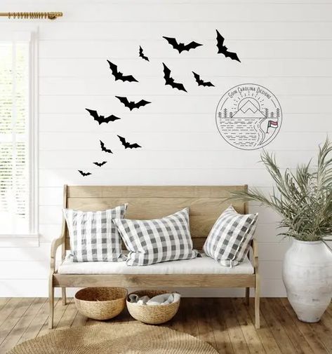 13 Scary Bats On Wall Decor Ideas For You - Drop By My Home Bats Decoration Halloween, Bats On Mirror Halloween, Halloween Bats On Wall, Bats On Wall Decor, Bat Decorations On Wall, Halloween Entry Table, Bat Wall Decor, Bats Decor, Bat Decor