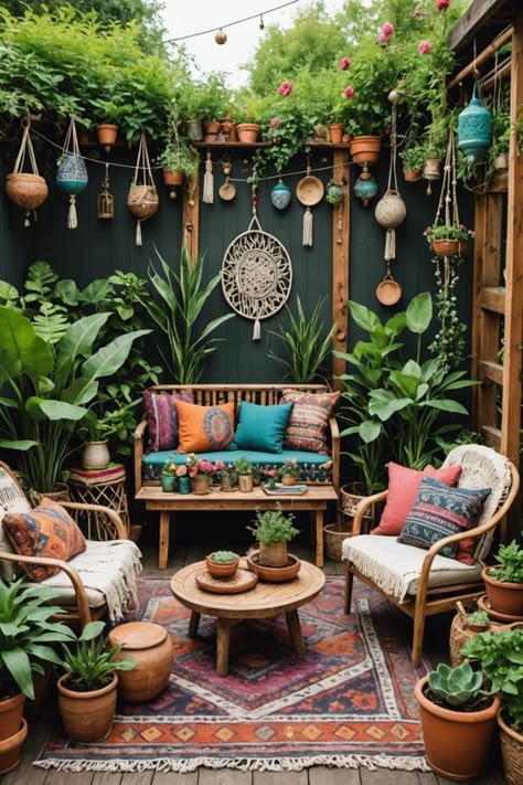 Boho garden ideas to enchant your outdoor space! Create a whimsical oasis with vintage decor, lush greenery, and eclectic accents. Get ready to transport your guests to a magical world! Check out these 20 inspiring ideas to transform your backyard into a bohemian paradise. Explore now and get ready to bloom! Boho Garden Aesthetic, Small Boho Backyard Ideas, Vintage Backyard Ideas, Boho Porch Decor Outdoor, Outdoor Boho Decor, Bohemian Outdoor Spaces, Boho Garden Ideas, Boho Outdoor Space, Diy Backyard Projects