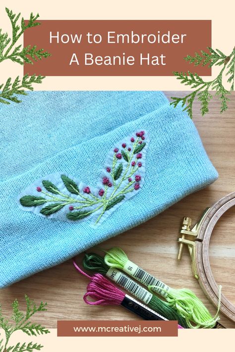 Hand Embroidery Beanies, Embroider Beanie Diy, Knit Hat Embroidery, How To Embroider A Beanie, Diy Hat Embroidery, Carhartt Hat Embroidery Diy, Embroidered Knit Hat, Winter Embroidered Beanie, Embroidered Carhartt Beanie Diy