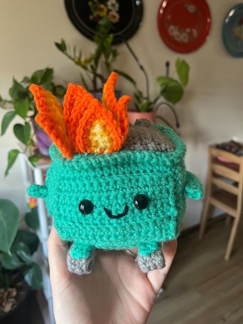 This pattern is beginner to intermediate friendly! This super cute friend will help you feel like things are okay, even when everything is on fire. Crochet Dumpster Fire Pattern Free, Emotional Dumpster Fire Crochet Pattern, Crochet Dumpster Fire Free Pattern, Emotional Support Dumpster Fire Crochet, Small Quick Crochet Gifts, Crochet Pokémon Pattern, Crochet Dumpster Fire, Crochet White Elephant Gift, Small Crochet Stuffies