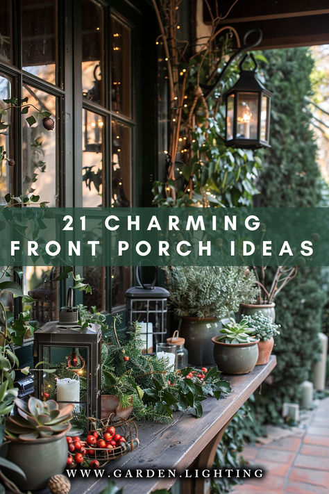 a close up of a table with plants and lanterns on it Small Porch Styling, Sunny Porch Plants, Front Small Garden Ideas, Elegant Porch Ideas, Front Patio Decorating Ideas Curb Appeal, Small Side Porch Decorating Ideas, Inviting Front Porch Ideas, Eclectic Front Porch Ideas, Comfy Porch Ideas