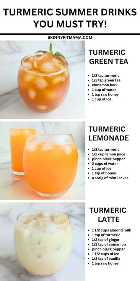 Healthy Tonic Drinks, Food With Turmeric, Tumeric Lemonade Drinks, Tumeric Water Morning Benefits, Inflammation Drink Recipes, Turmeric Iced Tea, Turmeric Juice Recipe, Healthy Iced Drinks, Healthy Refresher Drinks