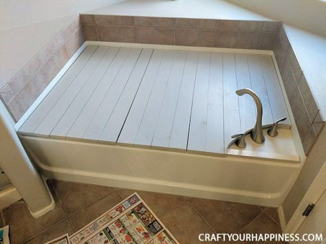 If you have a tub or garden tub but are not a "bathtub" kinda person this project might be for you! Cover it with this beautiful wood cover. It can be removed if you use your tub now and then or you can use the tub for storage and keep it in place. Makes a nice sitting place too while your in the bathroom! We did it on a garden tub but it would be even easier or a regular one. Below is a quick summary as there are quite a few more steps than would fit on this post. SEE ALL PHOTOS AND ... Paver Base, Diy Drum Shade, Bathtub Cleaning, Painted Shower Tile, Shower Curtain With Valance, Bathtub Cover, Paver Path, Tub Cover, Painting Shower