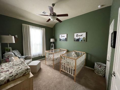 Woodland Nursery Twins, Green Twin Nursery, Twin Boys Nursery Ideas, Twin Nursery Boys, Woodland Nursery Color Scheme, Twin Boy Nursery Ideas, Twin Nursery Ideas Small Spaces, Nursery Ideas Twins, Nursery Ideas For Twins