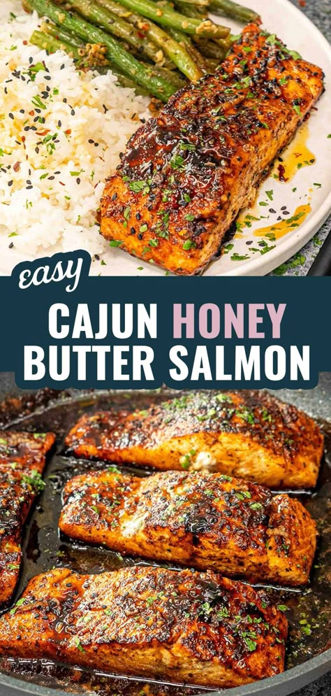 Cajun Honey Butter Salmon Easy Fish Meals For Dinner, Sheet Pan Meals Salmon, Honey Pepper Salmon, Cheap Salmon Recipes, Air Fryer Cajun Salmon, Baked Salmon And Rice Recipes, Wild Coho Salmon Recipe, Steelhead Salmon Recipes, Flavorful Salmon Recipes