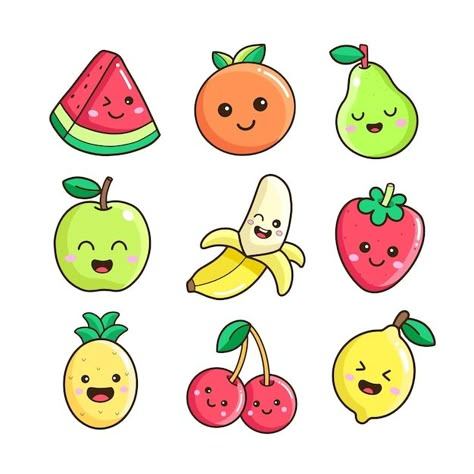 Fruits Doodle Drawings, Cute Fruit Decoration, Watermelon Cartoon Drawing, Cute Drawings Of Fruit, Vegetables Cartoon Images, Doodle Art Fruit, Kawaii Fruits Illustration, Fruit Cartoon Illustrations, Kawaii Fruit Drawing