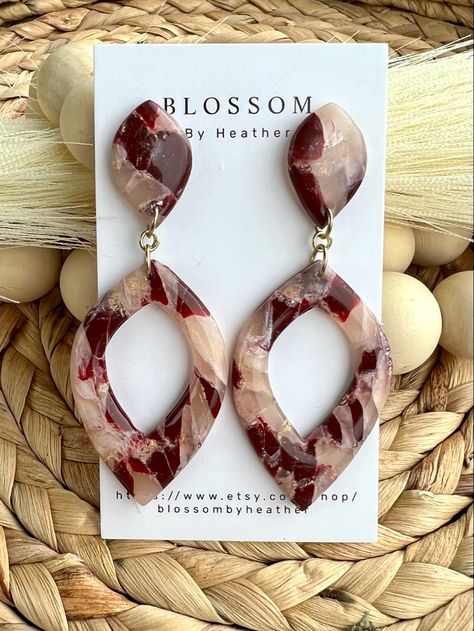 Burgundy Clay Earrings, Maroon Clay Earrings, Red Clay Earrings, Red Polymer Clay Earrings, Unique Clay Earrings, Marble Clay Earrings, Starting Etsy Shop, Handy Craft, Earring Inspo