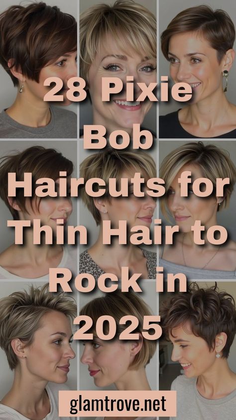 28 Pixie Bob Haircut For Thin Hair Ideas For 2025 – Glam Trove Very Short Bobs For Thick Hair, Pixie Bob Haircut Back View, Short Pixie For Thinning Hair, Pixie Haircut For Fine Thinning Hair, Haircuts For Balding Women Thinning Hair, Short Pixie Bobs For Fine Hair, Pixie Haircut Growing Out, Hair Styles For Balding Woman, "bixie" Haircut 2024 Fine Hair