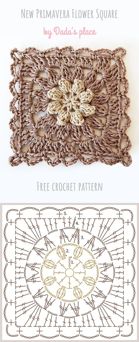 New Primavera Flower Granny Square FREE pattern and crochet chart on Dada's place blog. You can use this beautiful floral square to make various crochet projects like blankets, pillows, cushions, bed spreads, curtains, garments, bags, table runners, scarves, shawls...  #grannysquarefreepattern #primaveragrannysquare #crochetfreepattern #crochetpatternfree #flowergrannysquare Granny Square Pattern Free, Granny Square Häkelanleitung, Motifs Granny Square, Crochet Flower Blanket, Flower Granny Square, Crochet Stitches Diagram, Crochet Granny Square Blanket, Crochet Square Patterns, Granny Squares Pattern