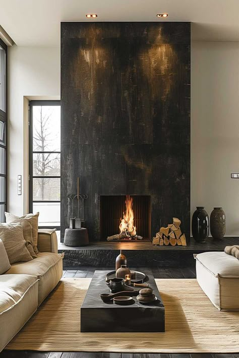 Contemporary living room with black fireplace wall and warm lighting. Black Fireplace Wall, Contemporary Fireplace Designs, Black Fireplace, Living Room Decor Fireplace, Contemporary Fireplace, Fireplace Remodel, Fireplace Ideas, Home Fireplace, Modern Fireplace