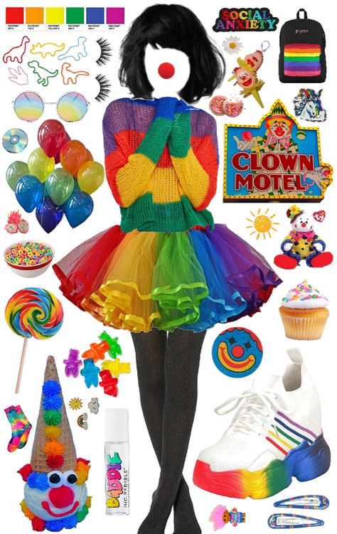 clown pride outfit ideas | 🌈 #clown #rainbow Clown Core Outfit Ideas, Clown Core Aesthetic Outfits, Clown Core Clothes, Clowncore Costume, Clown Outfit Women, Clowncore Aesthetic Outfits, Clown Aesthetic Outfit, Clown Outfit Aesthetic, Cute Clown Outfit