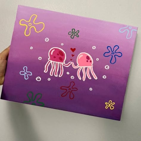 Jellyfish From Spongebob, Painting Date Night, Painting Date, Cute Easy Paintings, Jellyfish Painting, Hippie Painting, Small Canvas Paintings, Simple Canvas Paintings, Cute Canvas Paintings