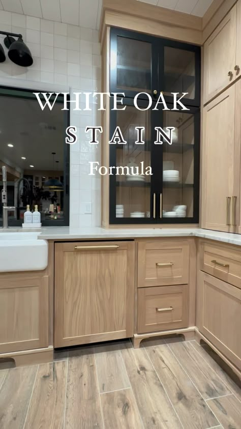 Kosal ~ Tredway Home Designs | Sharing our White Oak Stain Formula! Staining white oak can be so tricky. Often times, applying a clear coat of a stain can possibly turn... | Instagram White Oak Duraseal Stain, Simply White Stain On White Oak, Natural Stained Cabinets, Cabnit Stain Wood Cabinets, Blonde Stained Wood, Staining Cabinets Lighter, White Oak Cabinets With Dark Floors, White Oak Cabinet Hardware, Minwax White Oak Stain