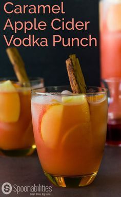 Caramel Apple Cider Vodka Punch cocktail drink recipe. Also called Spiked Caramel Apple Cider. Sweet, fruity, festive alcoholic beverage to celebrate the holidays. Spoonabilities.com Apple Cider Vodka Punch, Spiked Caramel Apple Cider, Spiked Apple Cider Recipe, Caramel Cocktail, Cider Caramel, Caramel Apple Cider, Apple Cider Punch, Vodka Punch, Spiked Apple Cider