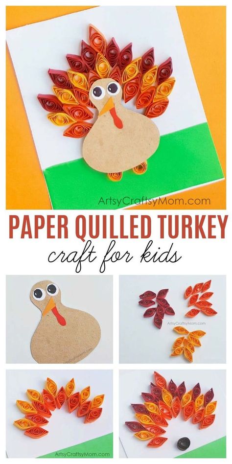 Decorated Turkey Feather For School, Paper Quilled Turkey, Creative Turkey Projects, Thanksgiving Card Crafts For Kids, Paper Turkey Decorating Ideas, Thanksgiving Arts And Crafts For Teens, Turkey Paper Craft, Quilling Thanksgiving, Thanksgiving Cards Handmade Kids