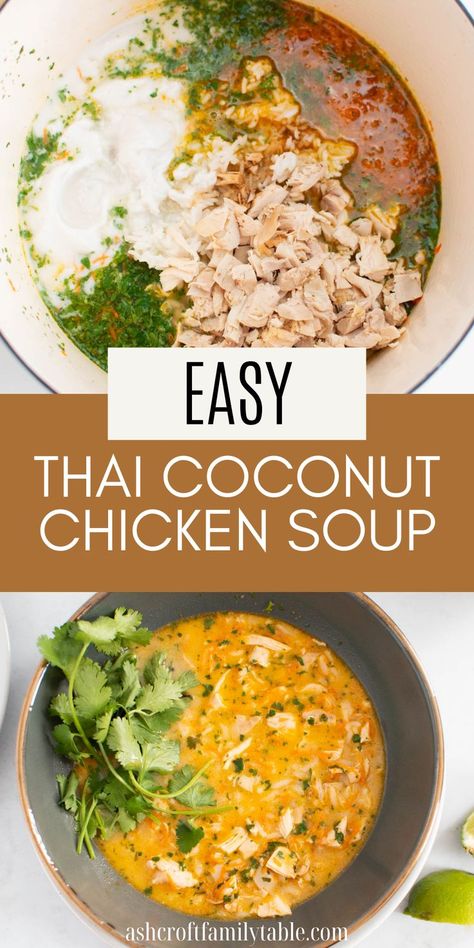 Here's one of my favorite soup recipes to make for a weeknight meal or easy lunch! If you like Thai food, you'll love this yummy Thai chicken soup with coconut, lime, and cilantro! This simple and delicious Thai soup is one of the best Asian chicken soup recipes ever! Chicken Noodle Soup Thai, Easy Coconut Curry Soup, Thai Coconut Vegetable Soup, Tasty Soups Healthy, Delicious Healthy Soup Recipes, Crock Pot Thai Soup, Leftover Asian Chicken Recipes, Quick Easy Light Dinner, Crockpot Chicken Pho