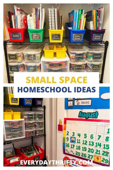 Homeschool Room In Bedroom, Pre K Homeschool Supplies, Homeschool Room Kindergarten, Homeschool In A Small Space, Homeschool Preschool Organization, School Room Organization Homeschooling, Home School Room Kindergarten, Organize Classroom Closet, Simple Homeschool Organization