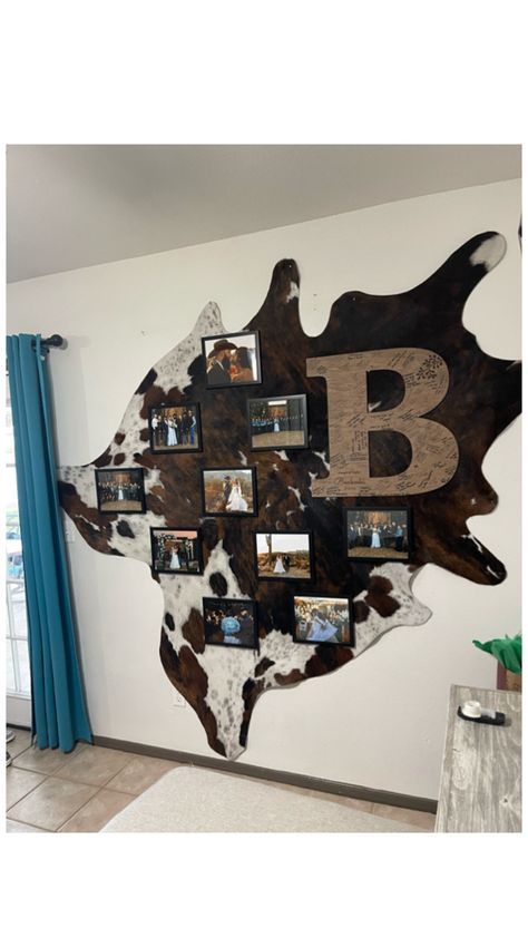 Cowhide, wedding, pictures, western Wedding Picture Wall, Cowhide Wedding, Western House Decor, Western Living Room Decor, Western House, Western Living Room, Western Room, Country Style Home Decor, Western Wall Decor