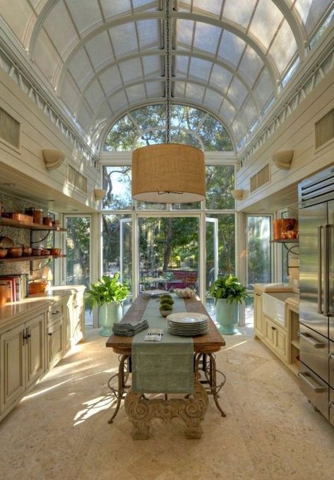 beautiful kitchen interior with large glass windows and doors // country house interior // vintage  antique white kitchen // wooden dining table: linked Los Angeles Mediterranean House, Carmel Houses California, Los Angeles House Interior, Mediterranean Style Mansion, Bathroom Mediterranean Style, Mediterranean Style Homes Interior, Mediterranean House Interior Design, Greek Mansion, Mediterranean Homes Interior