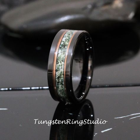 Polish Green Moss Agate Black Rose Gold Accent Ring 8mm Tungsten Wedding Ring Men Wedding Band Moss Agate Black Ring Mens Ring - Etsy Mexico Moss Agate Rings For Men, Moss Agate Mens Wedding Band, Moss Agate Wedding Rings, Moss Agate Engagement Rings, Agate Engagement Rings, Ring Men Wedding, Male Rings, Wedding Ring Men, Black Hammer