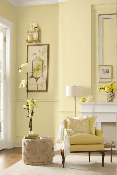 home decor interior design, home interior design, interior bedroom design, living room interior Yellow Paint Colors For Living Room, Pale Yellow Living Room Ideas, Light Yellow Paint Living Room, Pastel Yellow Pantone, Sw Yellow Paint Colors, Light Yellow Living Room Walls, Light Yellow Wall Paint, Light Yellow Walls Living Room, Best Interior Paint Colors 2024