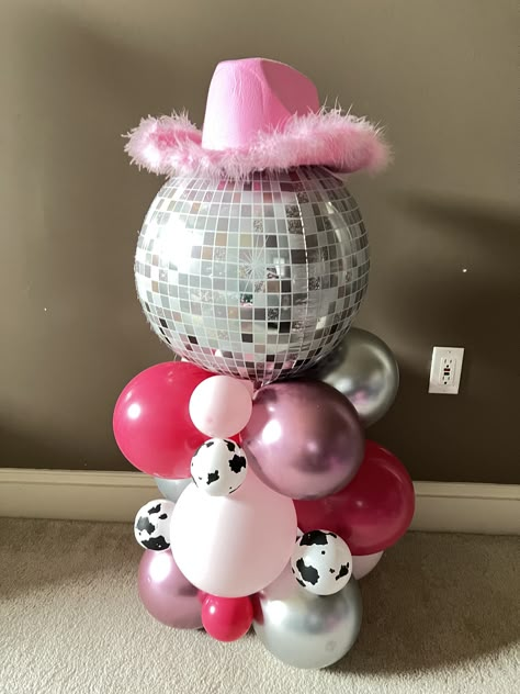 Disco Cowgirl 1st Birthday Outfit, Disco Cowgirl First Birthday Photoshoot, Yee Haw Birthday Party, 30th Birthday Ideas For Women Cowgirl, Pink Rodeo Theme Party, 18th Birthday Party Cowgirl, Disco Cowgirl Second Birthday Party, Disco Cowgirl Table Decorations, Disco Cowgirl Trunk Or Treat